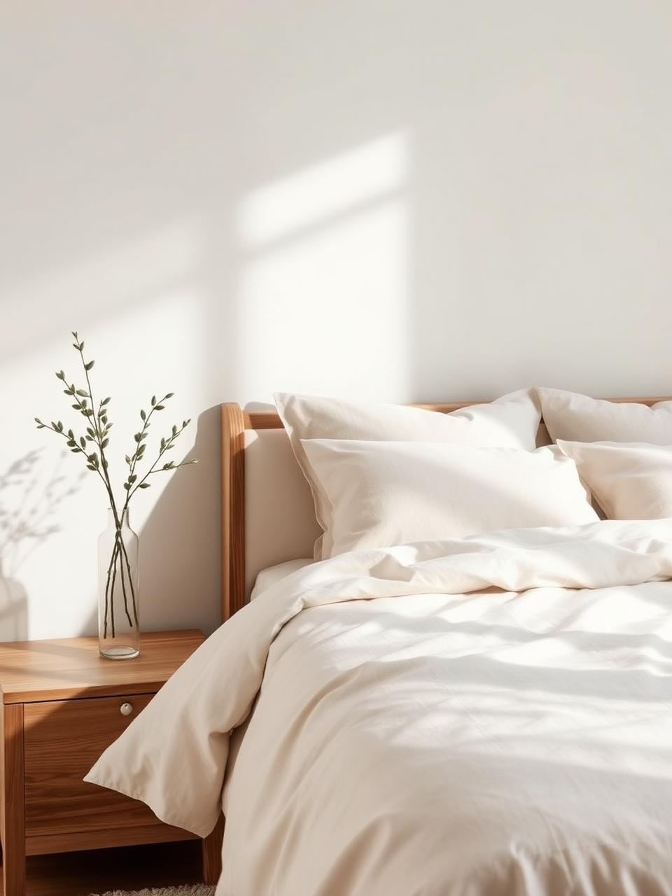 Quarto neutro com roupa de cama de linho e madeira clara